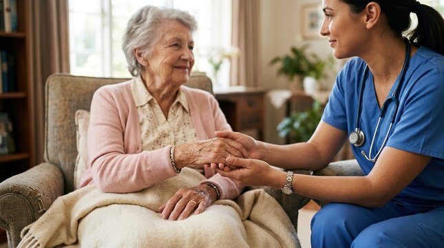 A dedicated caregiver gently holds the hands of an elderly woman sitting in a comfortable armchair.