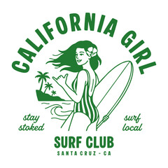 Fototapeta premium California Surf Club Graphic Design with Surfer Girl Illustration