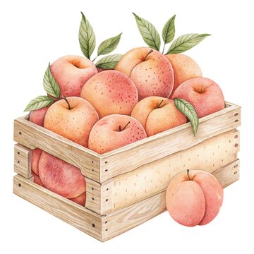 Detailed watercolor and pencil illustration of a rustic wooden crate filled with fresh ripe peaches and green leaves isolated on a white background.