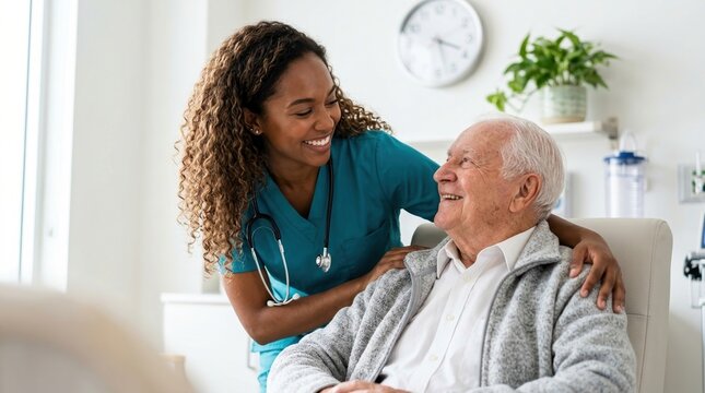 A friendly nurse smiling at an elderly man while providing care in a bright medical facility room.