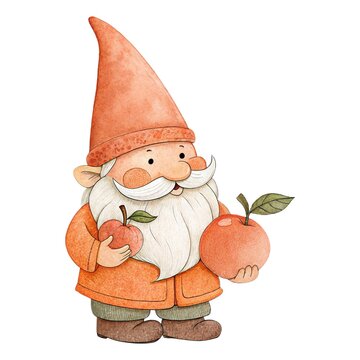 Detailed watercolor and pencil illustration of a cute garden gnome in an orange hat holding ripe peaches isolated on a white background.