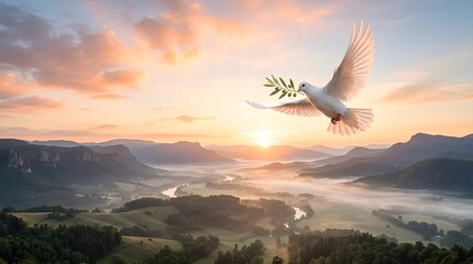 Naklejka premium A white dove carrying a branch of peace soars through the sky at sunrise over a mountain landscape