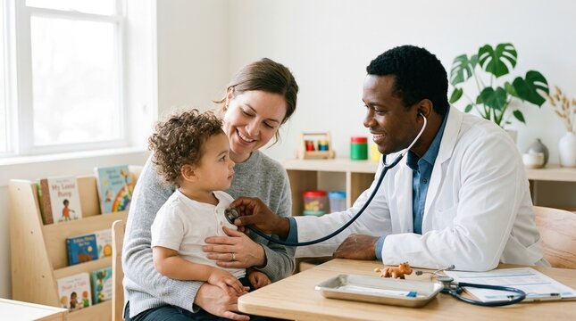 A male doctor uses a stethoscope to examine a young child sitting on a parent's lap in a clinic.