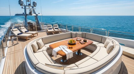 Fototapeta premium Luxury yacht deck with circular lounge seating and wooden dining table overlooking the blue ocean on a sunny summer day