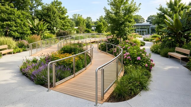Wooden ramp leads through a lush garden toward a modern glass building.