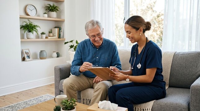 A professional nurse in blue scrubs reviewing a medical clipboard with an elderly male patient.