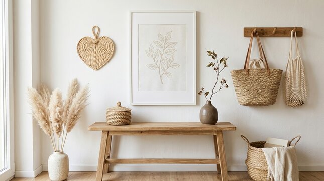 A rustic wooden bench placed against a white wall with woven bags and dried pampas grass decor.