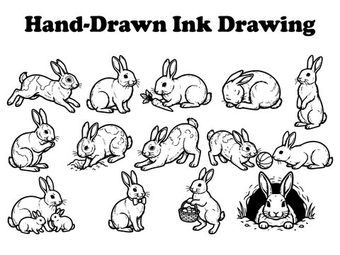 Set of hand-drawn ink rabbit drawings on white background in various poses.