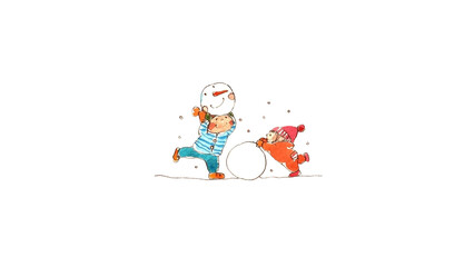 雪だるまを作る子どもたちの可愛い手描き水彩イラスト（冬・雪遊び・子供・背景透過）
Cute children making a snowman hand-drawn watercolor illustration (winter, snow play, kids, transparent PNG)