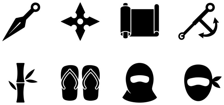 Ninja Warrior Icons Set, Japanese Martial Arts Symbols, Shuriken, Kunai, Scroll, Bamboo, Geta Sandals, Masked Faces, Vector Graphics for Culture and Combat Themes