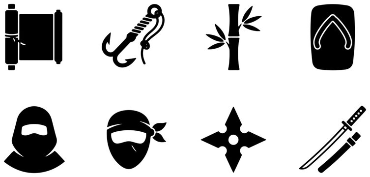 Japanese Ninja Icons Set: Shuriken, Katana, Bamboo, Scroll, Fishing Hook, Geta Sandals, Warrior Masks