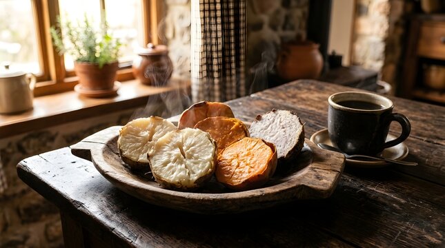 Fresh Homemade Pastries with Coffee on Rustic Wooden Table