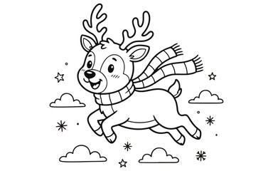 Cute cartoon reindeer wearing a scarf flying in the sky with clouds and stars for kids coloring page © AYESHA