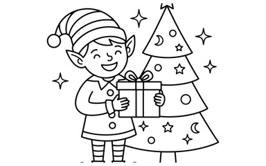 Fototapeta premium Cute christmas elf holding a gift box next to a decorated pine tree for kids coloring page