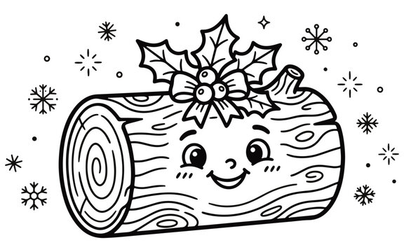 Cute cartoon yule log character with holly berries and snowflakes for a fun christmas coloring page design