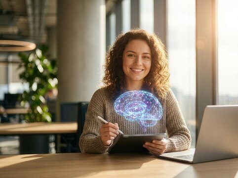 Woman working on tablet with brain hologram for AI concept