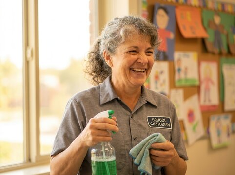 Smiling school custodian holding spray bottle and cloth for cleaning