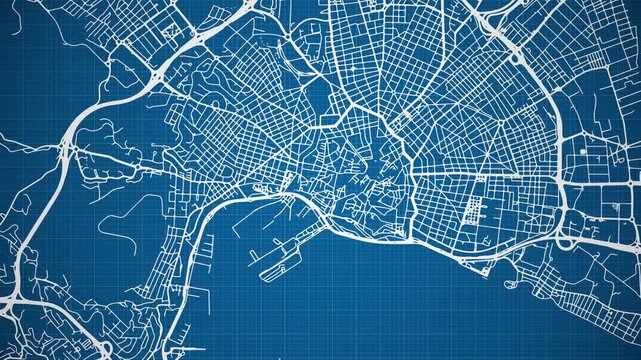 Ink reveal animation of Palma de Mallorca city, Balearic Islands (Islas Baleares), Spain (Espa&ntilde;a), grid map. Aerial top view. Blueprint style. White lines with blue background. 4K Seamless loop.