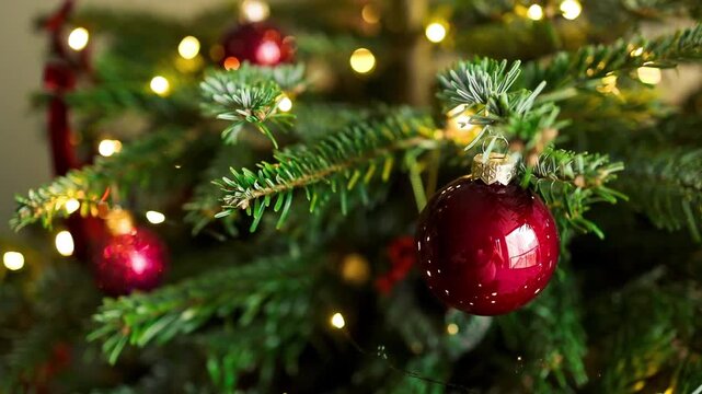 Festive video of a shiny red bauble decorating a green Christmas tree branch with warm shimmering fairy lights and beautiful soft bokeh background.