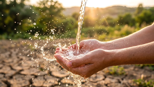 Hands cupping fresh water in a dry, cracked earth landscape