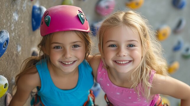 Young climbers at indoor climbing wall wearing colorful safety gear and sportswear share bright smiles during their active recreation time, showcasing joy and friendship