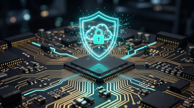 symbolizing data sovereignty and code compliance, Digital Security,Glowing cloud with padlock hovering above circuit board representation of cloud security and data encryption, showing a glowing cloud