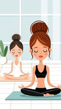 Young cartoon women sitting yoga pose in a bright studio, flat design