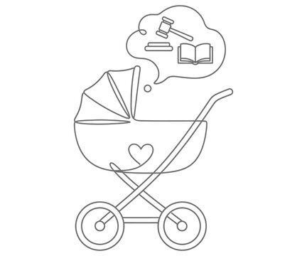 Minimalist baby stroller line art, family law concept with gavel and book, child custody and legal rights illustration