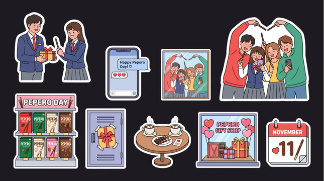 Pepero day sticker collection features couples exchanging gifts and celebratory treats chocolate sticks gift giving couple friends november eleventh korea