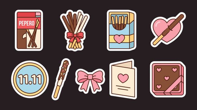 Collection of chocolate stick snacks and valentine s day themed stickers vector illustration sticks snack pepero valentines heart gift present