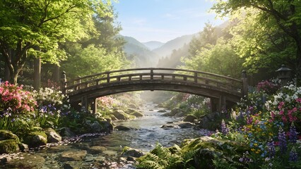 Fototapeta premium Traditional Wooden Bridge over a Mountain Stream in a Spring Valley
