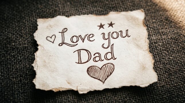 Vintage Love You Dad handwritten note on burnt paper. Rustic Father's Day greeting card on burlap texture. Retro message for dad.