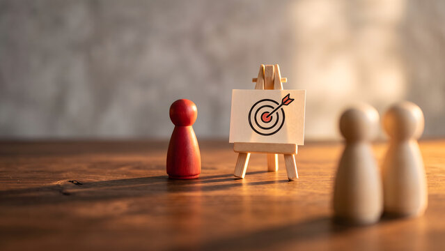 Red wooden figure presenting target goal to team members on table