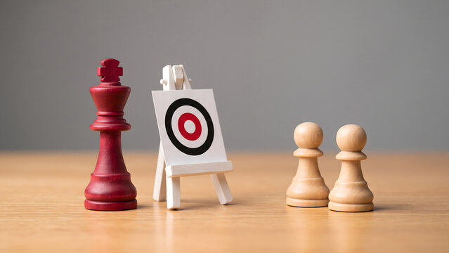 Red King Chess Piece Standing With A Target Sign Facing Two White Pawn Figures