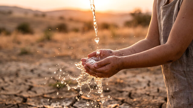 Hands cupped in dry desert landscape collecting precious water during golden hour sunset