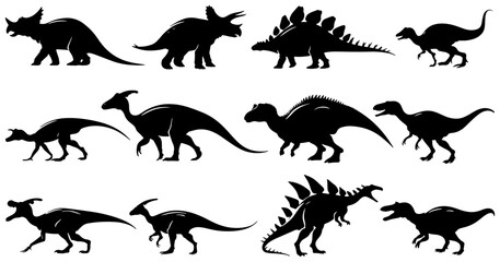 Dinosaur Silhouettes Collection, Prehistoric Reptile Icons Set, Jurassic Era Creatures Vector Graphics, Ancient Wildlife Illustration Pack © Zubaraj