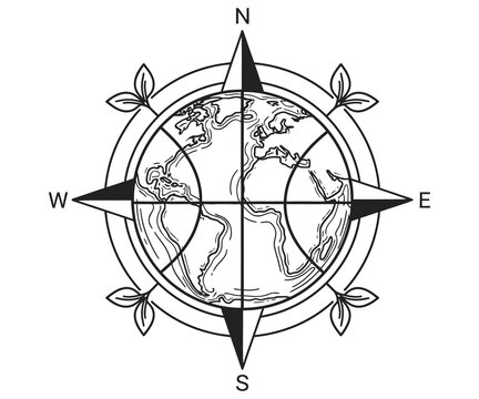 Minimalist world globe compass rose illustration, black and white earth map with cardinal directions, eco-friendly nature travel icon