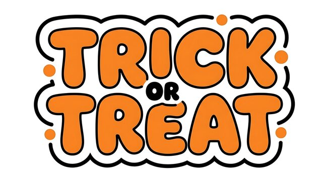 A vibrant and playful illustration depicting the classic halloween phrase 'trick or treat' in bold orange lettering