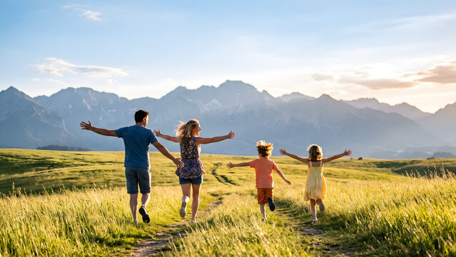 Happy Family Running Together in Meadow with Mountain Landscape at Sunset