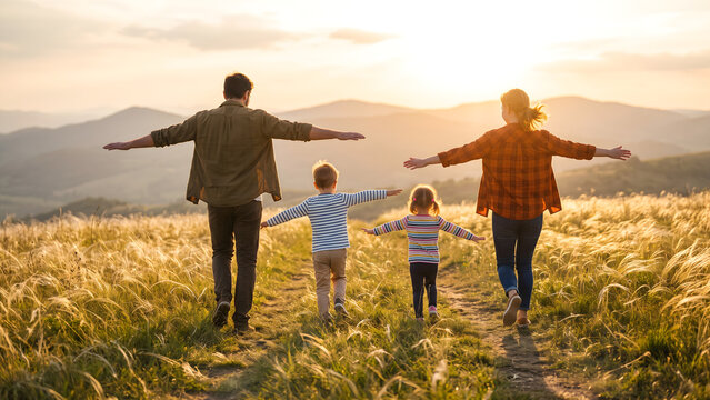 Happy family walking together in mountain meadow at sunset