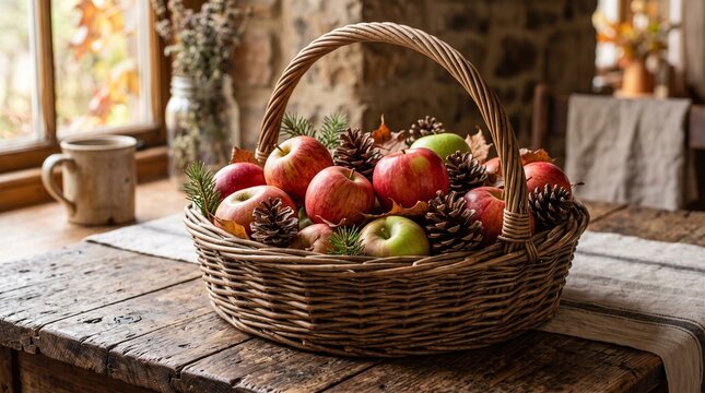 Rustic wooden basket filled with fresh red and green apples and pinecones sits on a weathered table inside a cozy country kitchen during the autumn season.
