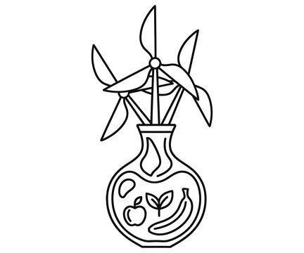 Minimalist eco energy icon, wind turbines growing from vase with fruit, sustainable green power concept, renewable energy line art illustration