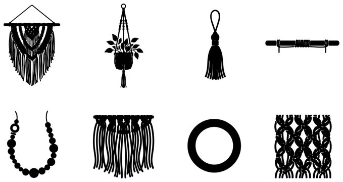 Macrame Craft Elements, Bohemian Decor Accents, Textile Art Patterns, Handmade Wall Hangings, Plant Hangers, Tassels, Jewelry Beads, Rings, Vector Icons