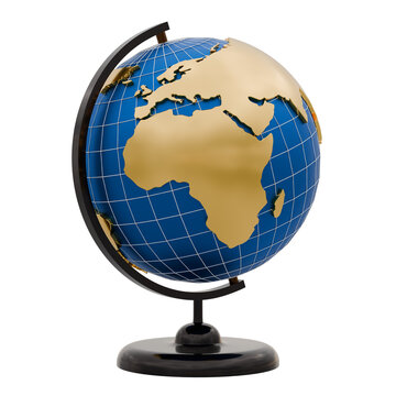 Blue world globe with grid lines and gold continents on a dark stand displaying Europe, Africa, and the Middle East isolated on a transparent background for global business concepts.