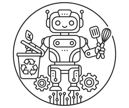 Minimalist robot line art icon, cute domestic android assistant with recycling bin and kitchen tools, smart home automation concept