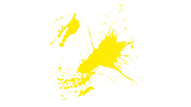 Vibrant yellow paint splash on white background, artistic ink splatter texture, abstract liquid drop for creative design projects