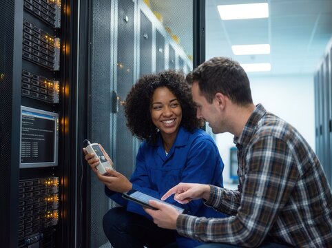 Technicians Checking Server Rack for IT Infrastructure Banner