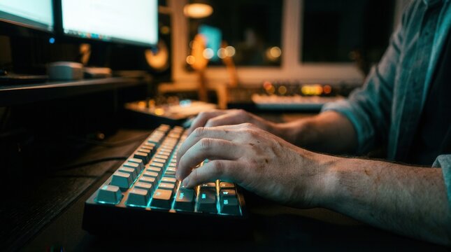 Hands Typing on Mechanical Keyboard in Dark Music Studio
