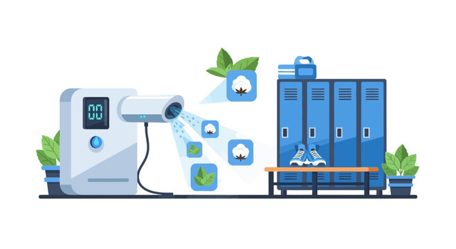 Modern Air Freshener and Odor Neutralizer Machine Spraying Fresh Scent in Gym Locker Room Illustration