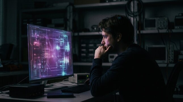 Man working on computer with digital data graphic in dark room